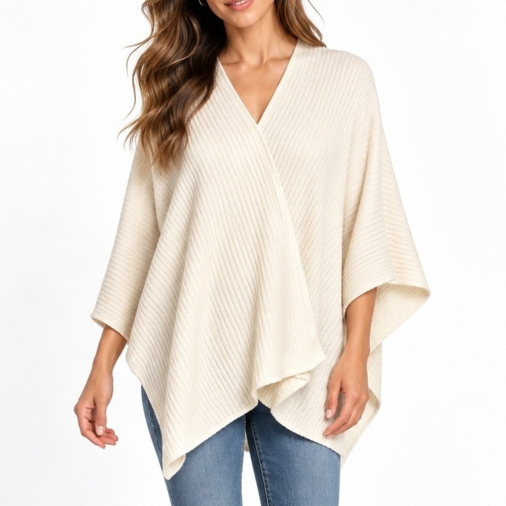 Saks Fifth Avenue Cream Ribbed Knit Poncho Wrap Sweater One Size Off White